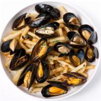 Mussels And Fries · Pei mussels sauteed in a white wine thyme and basil reduction, topped with garlic french fries