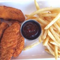 Chicken Tenders & Fries · Four breaded chicken tenders and fries, with BBQ sauce.