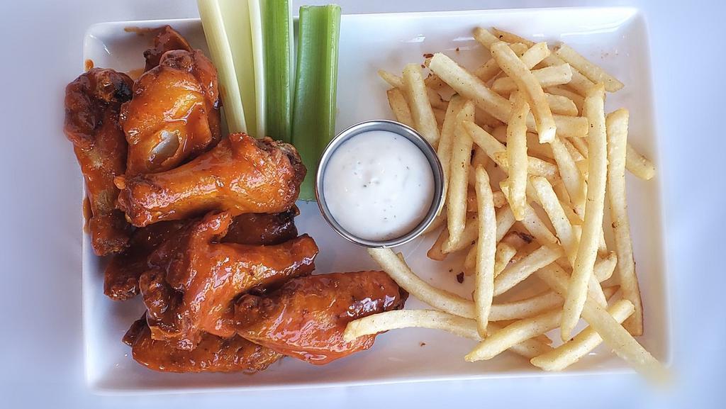 Indulge Wings · Eight chicken wings with your choice of bbq or buffalo sauce, served with fries.