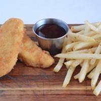 Kids Chicken Tenders · Two crispy chicken tenders with dipping sauce, served with fries