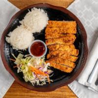 Katsu · Breaded, battered and deep-fried cutlet. Served with rice and salad.