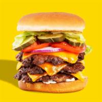 Triple Cheeseburger · Three beef patties, 3 slices of American cheese, tomato, lettuce, onion, pickles, mayo.