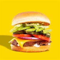 Cali Cheeseburger · Beef patty, American cheese, avocado, lettuce, onion, pickles, mayo.