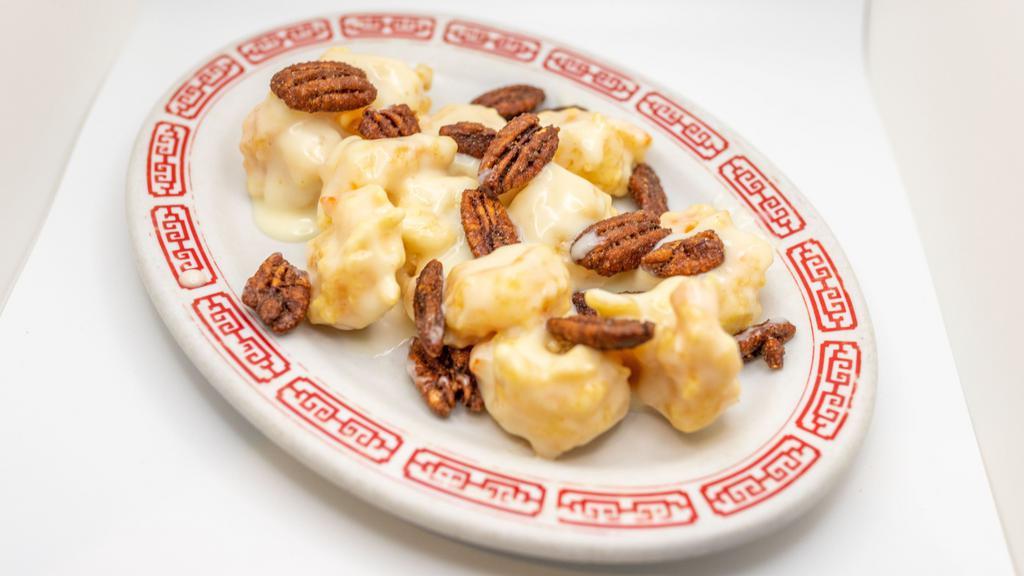 Pecan Shrimp · Large shrimp with pecan nuts and a creamy sauce. Served with white rice and a fortune cookie.