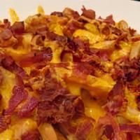 Bacon Over Fries · serve with grilled onion.mushroom,green / red pepper and cheddar cheese .