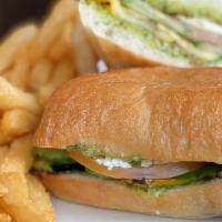 Grilled Veggie Sandwich · Vegetarian sandwich with pesto, fresh goat cheese, grilled zucchini, tomatoes,. cucumbers; f...