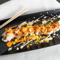Samurai Roll · Spicy imitation crab , topped with spicy tuna, inari, and crunch powder