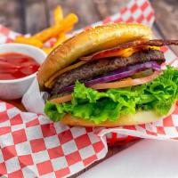 Bacon Cheeseburger W/Fries · 1/3 pounds of ground meat, bacon, Cheddar, lettuce, tomato, pickles, red onion, and house sa...