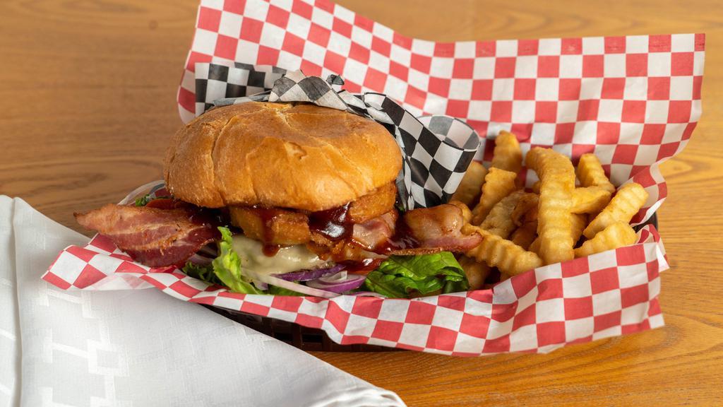 California Burger · 1/3 pound of ground meat, Swiss, avocado, bacon, lettuce, tomato, pickles, red onion, and sauce. Served with French fries.