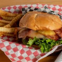 Hawaiian Burger · 1/3 pound of ground meat, grilled pineapple, Swiss, bacon, lettuce, tomato, red onion, and t...