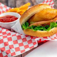 Cod Fish Burger W/Fries · Deep-fried house breaded fillet of cod, lettuce, tomato, and tartar sauce. Served with Frenc...