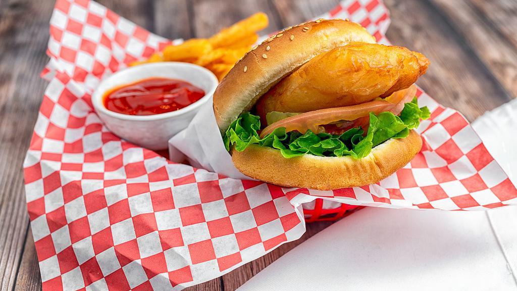 Cod Fish Burger W/Fries · Deep-fried house breaded fillet of cod, lettuce, tomato, and tartar sauce. Served with French fries.