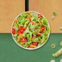 The Greenery · Greens, tomatoes, cucumbers, red onions, bell peppers, shredded mozzarella & croutons.