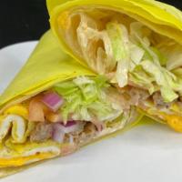 California Burrito · Flour Tortilla, 2 Egg Omelette, American Cheese, Sausage, Hashbrown, Spicy Mayo, Lettuce, To...