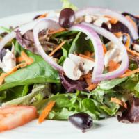 House Salad · Vegan, gluten free. Fresh field greens and chopped romaine lettuce tossed with vine ripe tom...