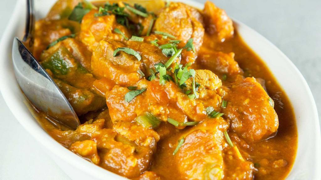 Jalfrazie · Vegan, gluten free. A rich brown curry with bell peppers, garlic, ginger, tomatoes, and onions.