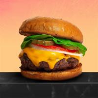 Cheese Me, Please Me Burger · American beef patty cooked medium rare and topped with melted cheese, buttered lettuce, toma...