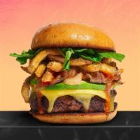 Everything Burger · American beef patty cooked medium rare and topped with parmesan fries, avocado, caramelized ...