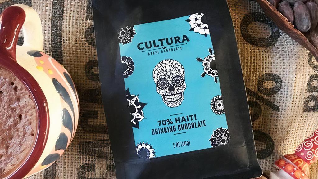 Cultura 70% Haiti Drinking Chocolate 6Oz · An award winning 70% Haiti ground into drinking chocolate.. Ingredients: cacao*, cane sugar* (*organic).