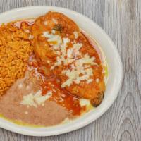 Pablano Chile Relleno · No sides. Pablano Chile stuffed with cheese, battered and pan fried covered with green or re...