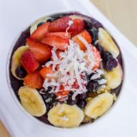 Acai Energy Bowl · Organic acai sorbet topped with fresh cut bananas, strawberries, blueberries, granola, shove...