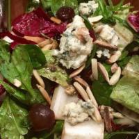Balsamic Blue Salad · greens, blue cheese, slivered almond, dried cranberry, red grape, balsamic vinaigrette