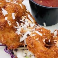 Three Coconut Shrimp · Large gulf prawns, toasted coconut flakes and sweet chili sauce for dipping. Each. (Minimum ...