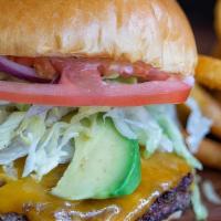 California Burger · 1/4 lb beef patty with Swiss cheese, avocado, lettuce, tomato, fry sauce and bacon.