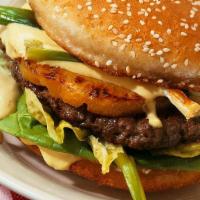 Hawaiian Burger · 1/4 lb beef patty with American cheese, mayo, pineapple, lettuce, tomato, and teriyaki sauce.
