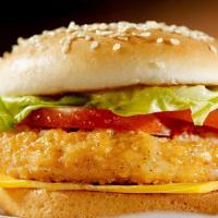 Chicken Burger · Fried chicken with American cheese, lettuce, tomato and ranch sauce.