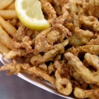 Clam Strips & Chips · Breaded clam strips with fries