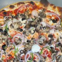 Veggie Super Pie · Black olive, bell pepper, mushroom, red onion.