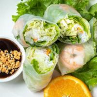 Fresh Rolls Prawns · Two fresh rolls made with prawns, mint, bean sprouts, green leaf lettuce and shredded carrot...