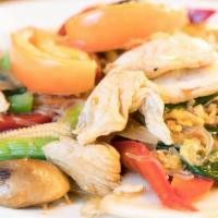 Phad Woon Sen. · Stir-fried bean thread noodles with egg, Napa cabbage, celery, mushrooms, onion, baby corn, ...