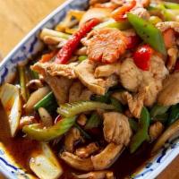 Cashew Nuts. · Chicken, fresh house roasted cashew nuts, bell pepper, onion, celery and carrots stir-fried ...