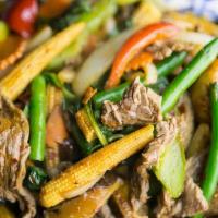 Phad Prik Khing. · Stir-fried fresh green beans, shitake mushrooms, white mushrooms, baby corn, bell peppers, ....
