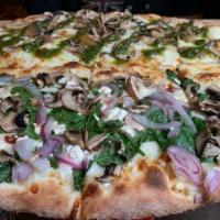Spinach, Mushroom & Feta Pizza · Spinach, mushroom, feta cheese, sun-dried tomatoes and red onions on a garlic oil base.