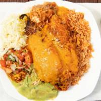 17 2 Chiles Rellenos · Two chile rellenos with red enchilada sauce served with guacamole, sour creams, pico de gall...