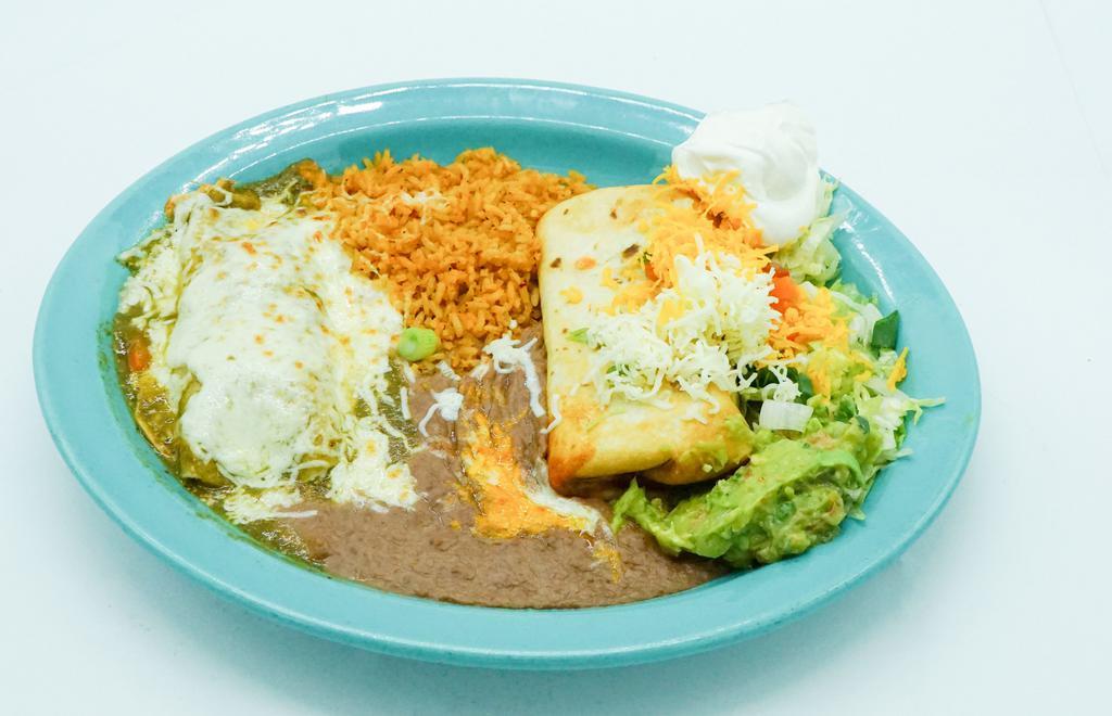 Chimichanga · Deep fried flour tortilla filled with chicken or beef served with sour cream and guacamole.
