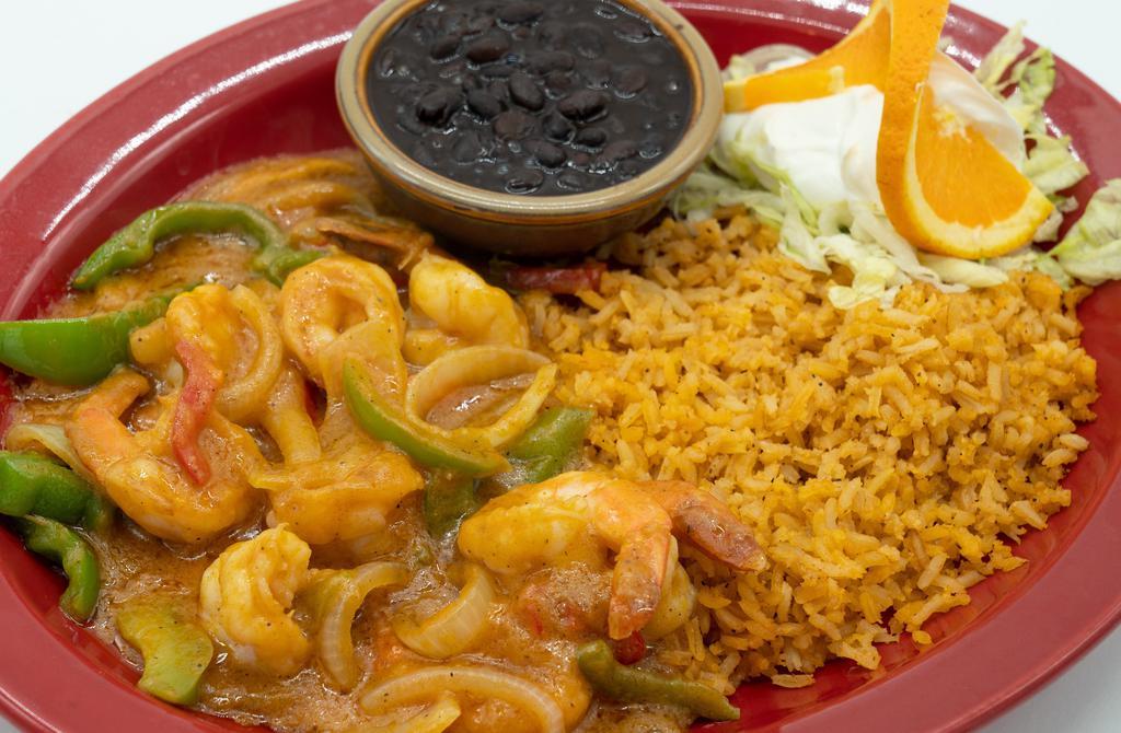 Camarones Colima · Delicious prawns prepared with bell peppers, bacon, onions, celery, carrots with delicious Mexican sauce, covered with monterey cheese. Served with sour cream and guacamole with rice and pinto beans (or substitute black beans).
