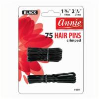 Annies 75 Hair Pins  · Black color
Crimped
Assorted sizes 1 3/4” 50ct, and 2 1/2” 25ct
Ball tipped