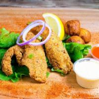 Catfish Plate · 3 Pieces of Catfish, 3 Hush Puppies and your favorite side!