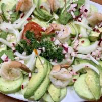 Aguachile · Shrimp, cucumber, onion, avocado, and special home sauce.