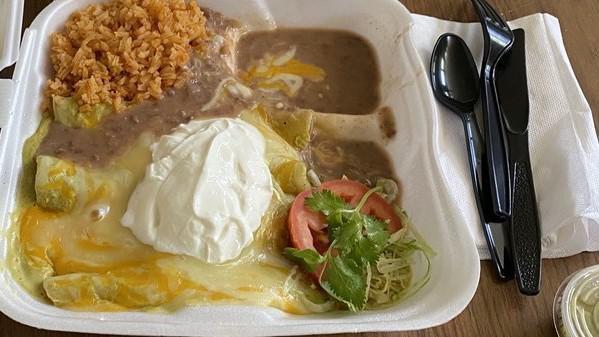 Enchiladas Suizas · Served with green salsa, cream, swiss cheese, rice and beans.