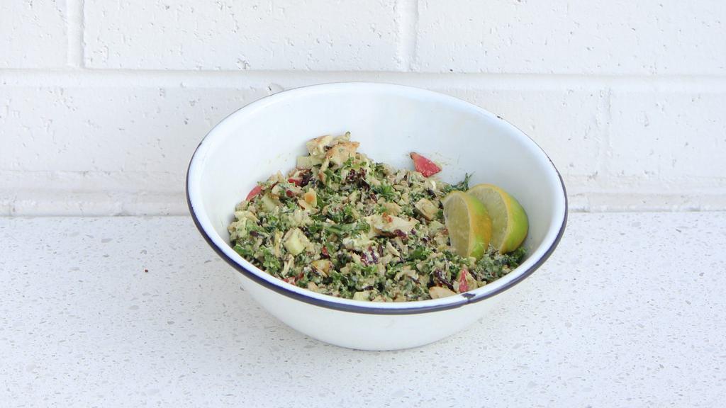 Wild Rice & Kale · Gluten-free. Wild rice, Shredded Kale, Toasted Almonds, Avocado, Apples, Dried Cranberries, Chicken, Goat Cheese, and Balsamic Lemon Cilantro Vinaigrette.

Contains dairy. Contains nuts.