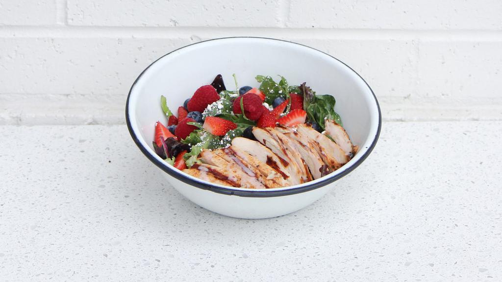 Mixed Berry · Spring Mix, Marinated Chicken, Toasted Almonds, Strawberries, Blueberries, Raspberries, Goat Cheese, and Raspberry Vinaigrette.