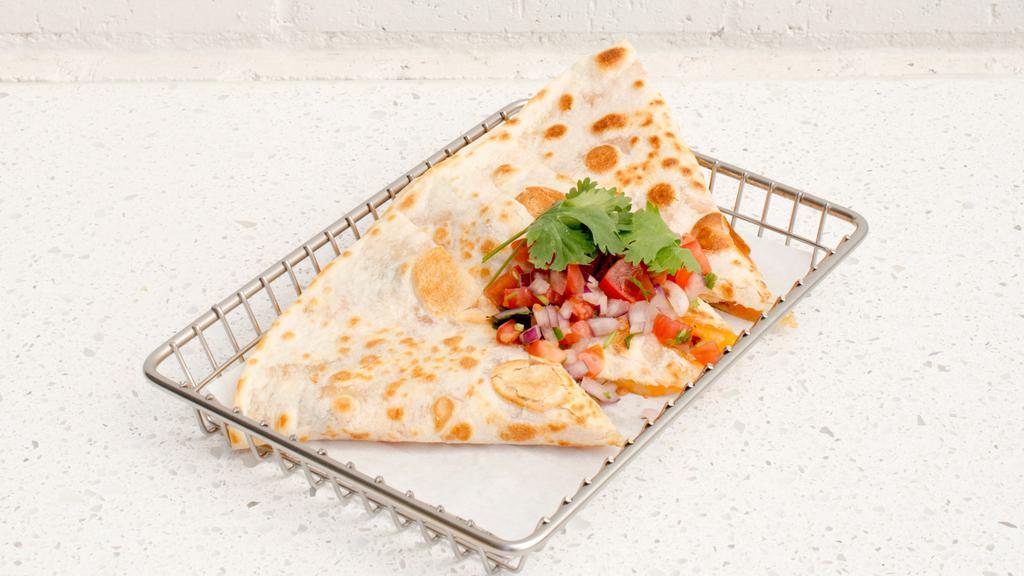 Jal Ranch Quesadilla · Grilled Chicken, Monterey Cheddar Cheese Blend and Jalapeno Ranch Grilled in a Flour Tortillas, Topped with Salsa Fresca and Cilantro and Served with Jalapeno Ranch.