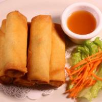 Spring Rolls · Mixed shredded vegetables rolled in wheat wrapper, deep fried. Served with sweet plum sauce.