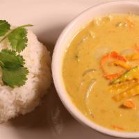 Yellow Curry · Spicy yellow curry with coconut milk, pumpkin, carrot, and onion.