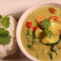 Green Curry · Spicy green curry with coconut milk, eggplant, zucchini, bell pepper, and sweet basil.